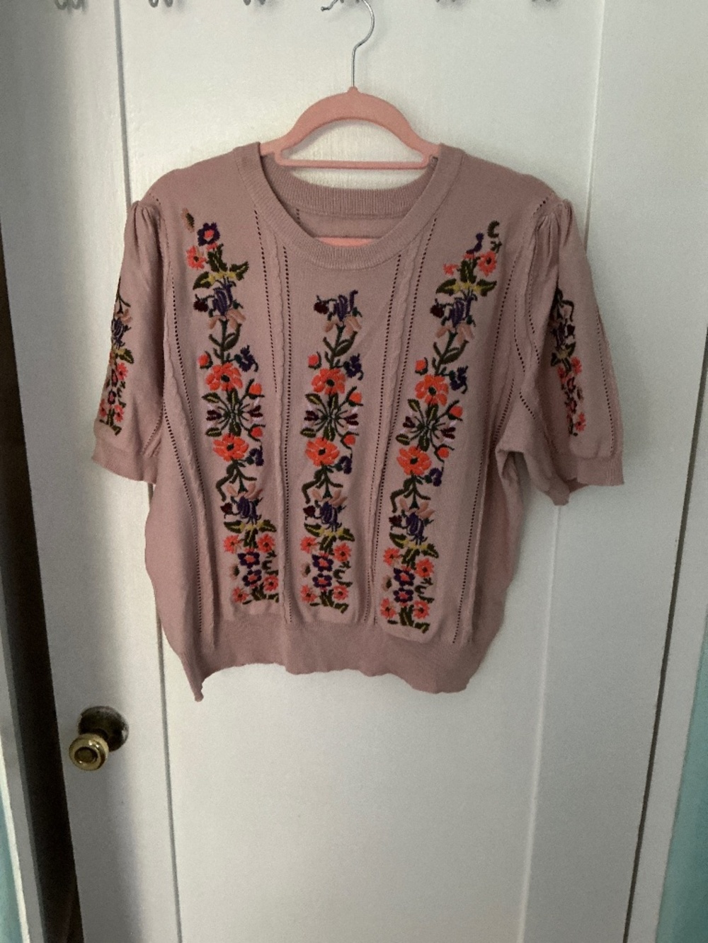 Women’s 2XL Blush Pink/Tan Embroidered Floral Sweater | Puff Sleeve Cottagecore